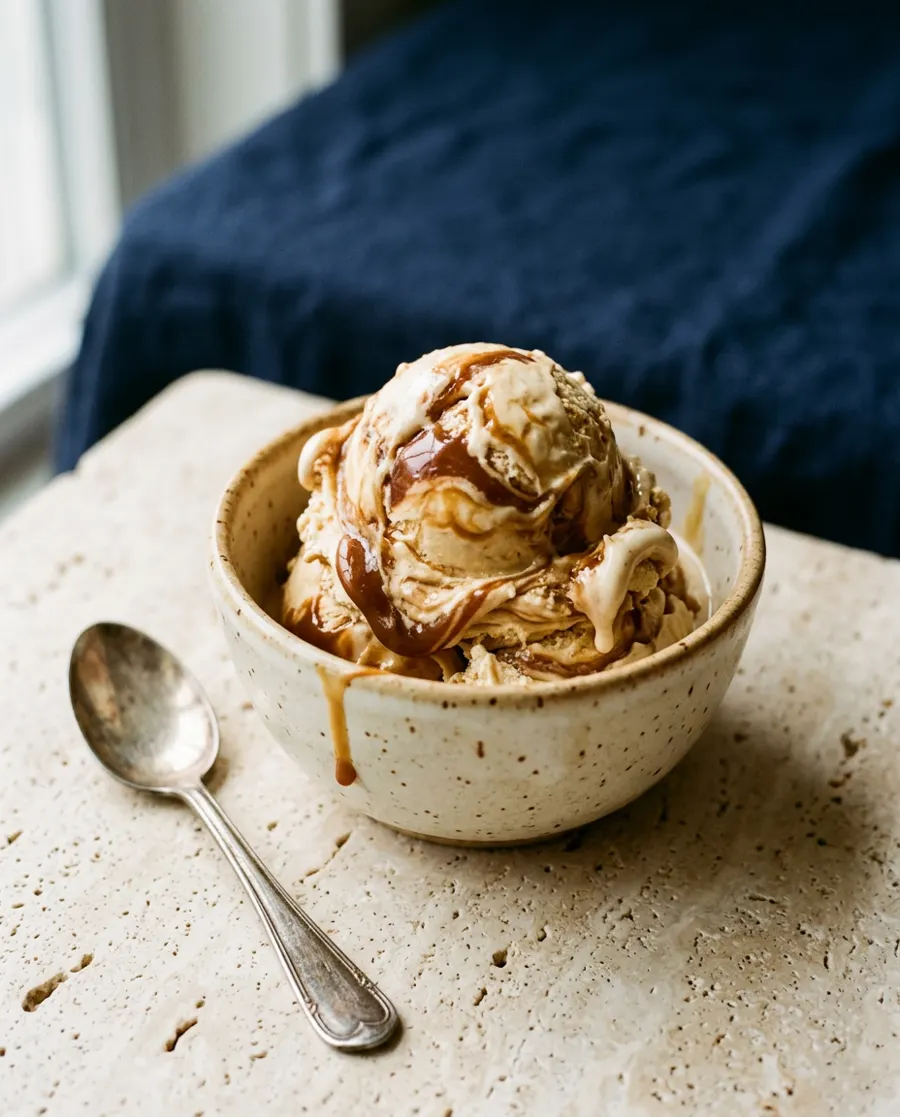 A scoop of dulce de leche gelato with caramel ribbons in a speckled ceramic bowl on travertine